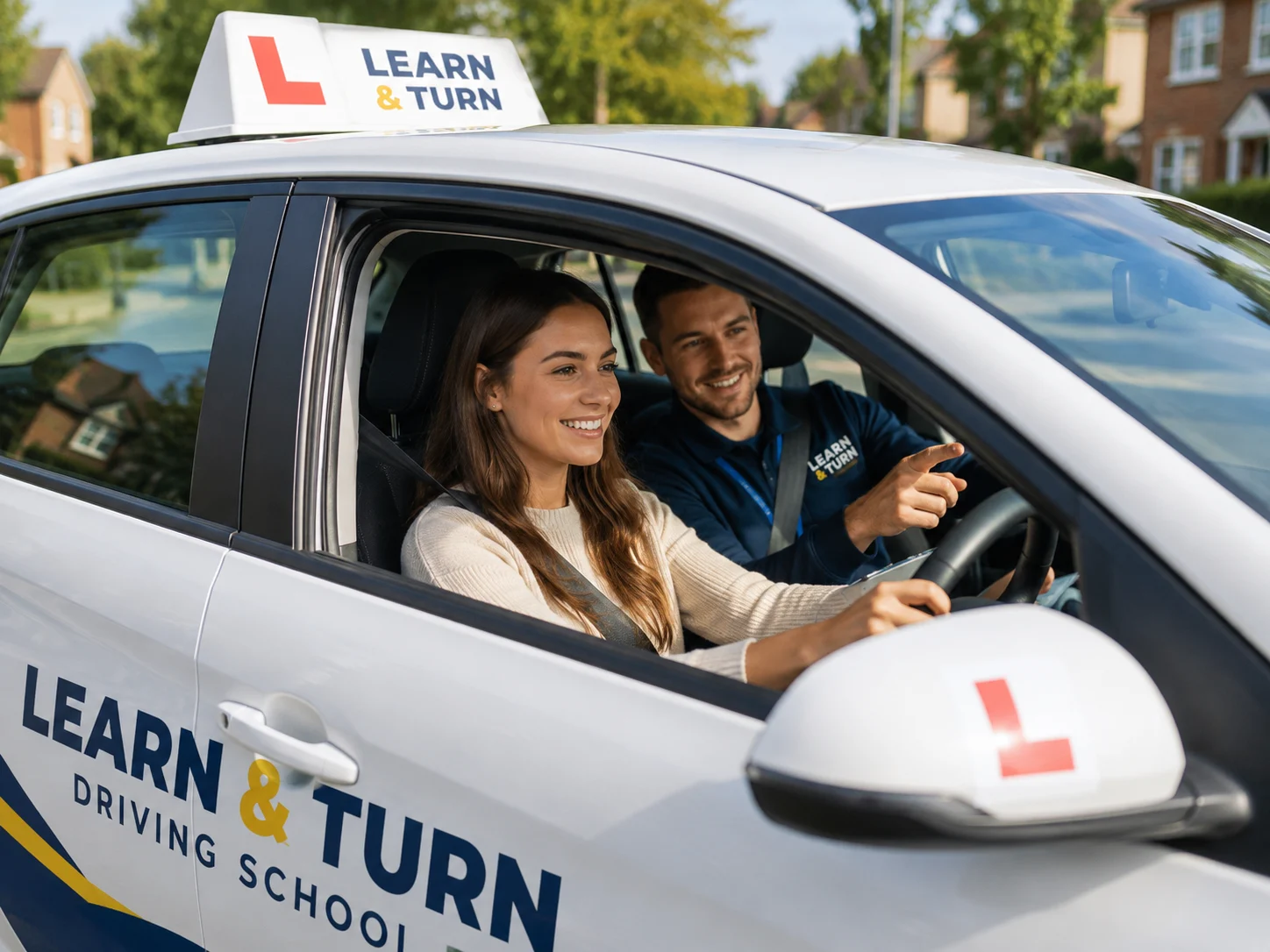 Professional driving instructor teaching a student